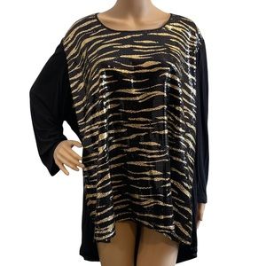 NEW American Glamour Badgley Mischka Sequin Tiger Top Black & Gold 3X